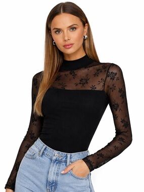 NWT Black Sheer Mesh Floral Long Sleeve Mock Neck Top Size Small